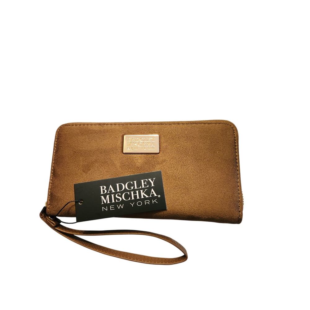 Badgley Mischka Brown faux suede Zip Around Wallet NWT Gold Plaque